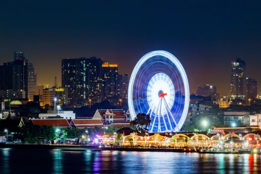 bangkok city night view modern building condominium temple asiatique teh riverfron