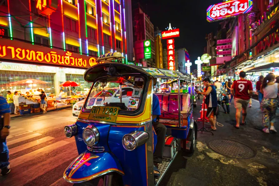 famous mototaxi called tuktuk is landmark city popular transport tuk tuk street chinatown street food night market bangkok thailand